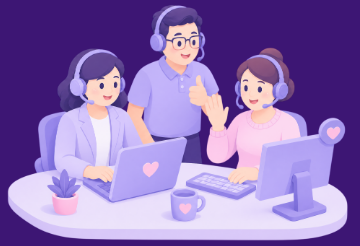 The team, headsets on, ready to help you